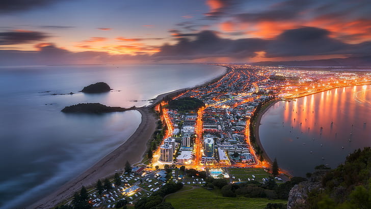 Sonnenuntergang, Lichter, Neuseeland, Tauranga, HD-Hintergrundbild