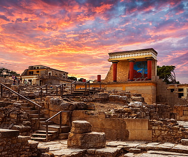  the sky, clouds, sunset, stones, Greece, ladder, the ruins, glow, tourists, Crete, Knoss palase, The Palace of Knossos, HD wallpaper HD wallpaper