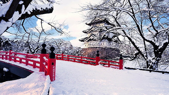 bridges, ice, japan, landscapes, nature, snow, trees, winter, HD wallpaper HD wallpaper
