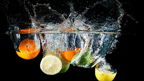 вода, плодове, пръски, капки вода, портокал, лимон, HD тапет HD wallpaper