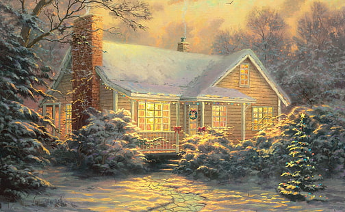 Christmas Cottage by Thomas Kinkade HD Wallpaper, brązowy i turkusowy obraz domu, święta, Boże Narodzenie, domek, Thomas Kinkade, Tapety HD HD wallpaper