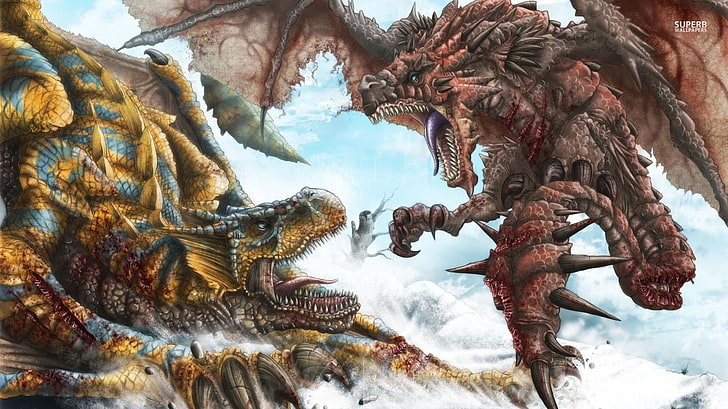 илюстрация на два дракона, Ловец на чудовища, Тигрекс, Раталос, HD тапет
