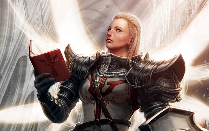 kobieta w czarno-szarej zbroi trzymająca czerwoną książkę ilustracja komputerowa, Diablo III, Diablo, gry wideo, sztuka fantasy, sztuka cyfrowa, dziewczyna fantasy, krzyżowiec (Diablo), Tapety HD