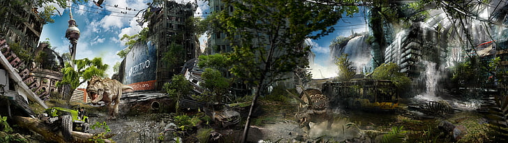 3D-Spiel Wallpaper, Dinosaurier, apokalyptische, digitale Kunst, Ruine, Fantasiekunst, Stadtbild, Berlin, HD-Hintergrundbild