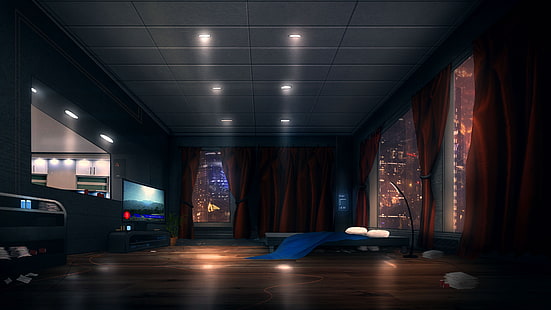 luz, quarto, janelas, cama, apartamentos, ficção científica, HD papel de parede HD wallpaper