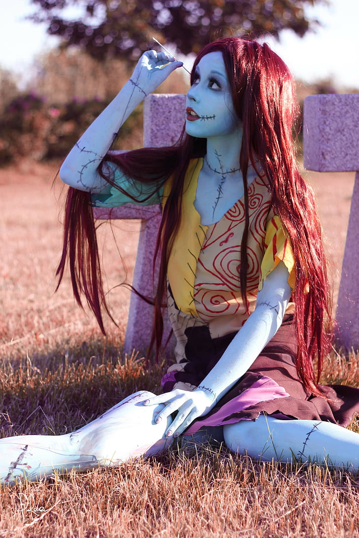 women, The Nightmare Before Christmas, Sally, cosplay, redhead, long hair, corpse, tombstones, cemetery, HD wallpaper