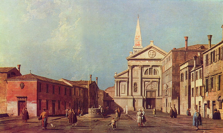 people, building, area, Church, Venice, Italy, Antonio Canaletto, HD wallpaper