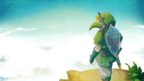 grünes Herren-Poloshirt, The Legend of Zelda, Link, Nintendo, Meisterschwert, Hylian Shield, Videospiele, HD-Hintergrundbild HD wallpaper