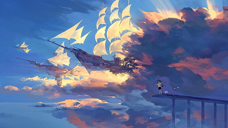 iki beyaz ve kahverengi airships dijital duvar kağıdı, anime, gemi, yelkenli gemi, bulutlar, gökyüzü, airships, HD masaüstü duvar kağıdı