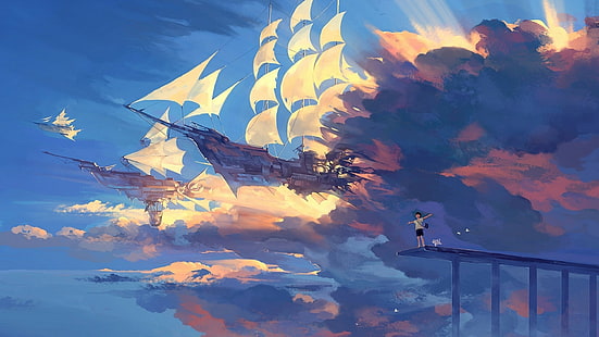 облака, небо, аниме, парусник, корабль, дирижабли, HD обои HD wallpaper