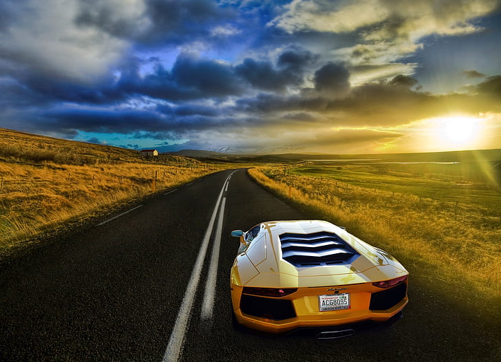 синьо, небе, път, асфалт, облаци, пейзаж, слънчева светлина, Lamborghini, Lamborghini Aventador, кола, жълти автомобили, превозно средство, HD тапет