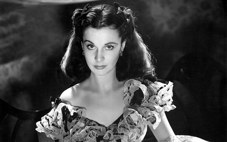 women's gray dress, retro, girls, Wallpaper, USA, war, the movie, Gone with the wind, Vivien Leigh, South vs North, Margaret Mitchell, love story, 1861-1865, North vs South, black and white, David About. Selznick, civil war, Scarlett O'hara, David Selznick, HD wallpaper