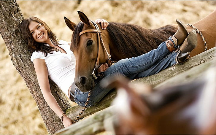 cowgirl, female, fence, horse, saddle, woman, HD wallpaper