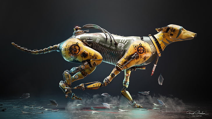 โปสเตอร์สุนัขสีน้ำตาลและสีดำ Farid Ghanbari ศิลปะดิจิตอลงานศิลปะสัตว์ขนนกหุ่นยนต์สุนัข, วอลล์เปเปอร์ HD