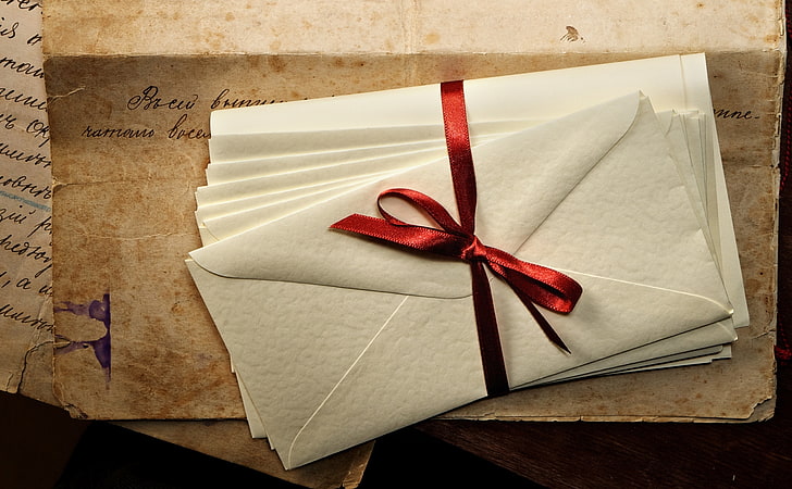 white envelope card lot, paper, vintage, ink, ribbon, old, letters, envelopes, HD wallpaper
