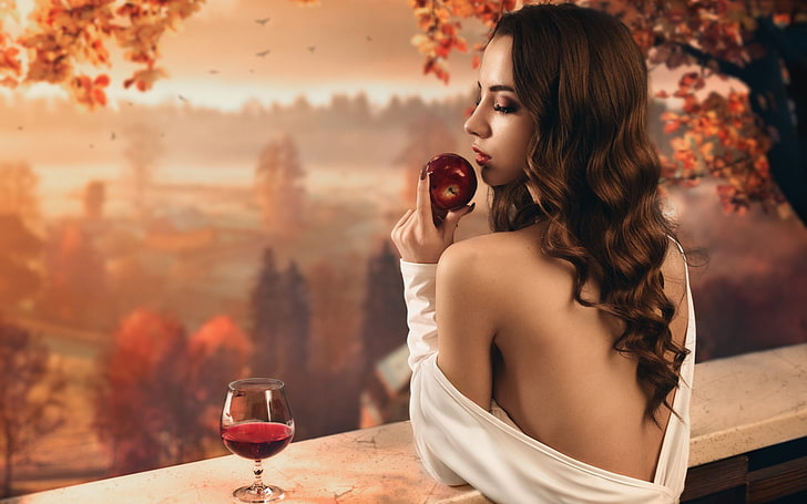 woman holding apple in balcony, women, model, brunette, long hair, women outdoors, trees, nature, white dress, rear view, bare shoulders, closed eyes, open mouth, apples, glass, wine, fall, leaves, forest, birds, HD wallpaper