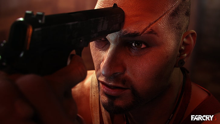 Far Cry 3 видеоигра цифровые обои, внешний вид, логотип, оружие, шрамы, Vaas Montenegro, Far Cry 3, HD обои