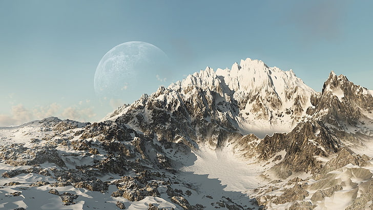 góra ze śniegiem, sztuka cyfrowa, góry, śnieg, krajobraz, planeta, Tapety HD