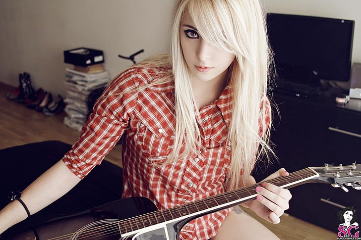 women's red and white plaid sport shirt, Suicide Girls, Bessy Suicide, women, blonde, model, HD wallpaper