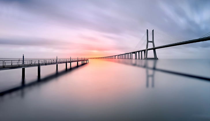paisagem cais sombra fotografia lisboa vasco da gama ponte longa exposição portugal calma ponte água pôr do sol, HD papel de parede