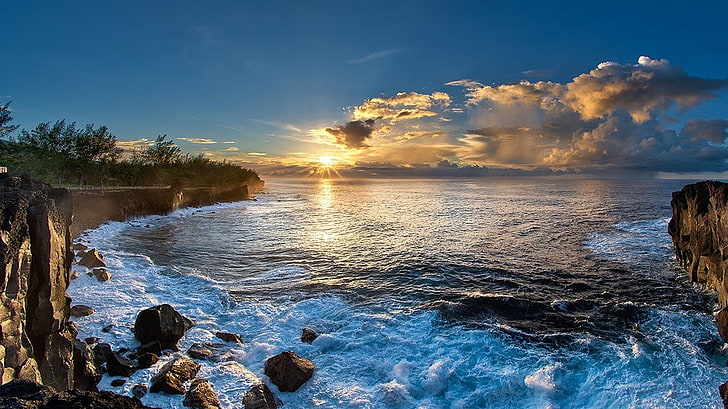 nature, landscape, beach, sea, coast, clouds, sun rays, island, sky, rock, HD wallpaper