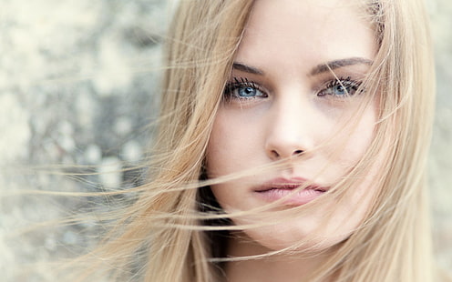 woman face, blonde, hair in face, portrait, face, model, blue eyes, women, HD wallpaper HD wallpaper