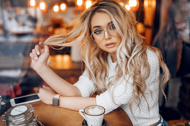 girl, long hair, photo, photographer, blue eyes, model, cup, bokeh, lips, face, blonde, glasses, table, sitting, portrait, mouth, wavy hair, looking at camera, sweater, depth of field, looking at viewer, juicy lips, hand in hair, Matthieu Sonnet, HD wallpaper