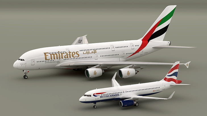 modelli, Airbus A320 British Aiways, Airbus A380 Emirates, Blender3D, Sfondo HD