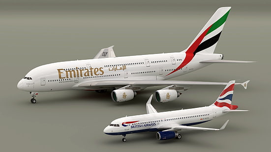 モデル、Airbus A320 British Aiways、Airbus A380 Emirates、Blender3D、 HDデスクトップの壁紙 HD wallpaper