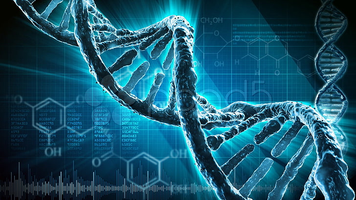 blue DNA illustration, 3 d, abstraction, dna, genetic, molecule, pattern, psychedelic, structure, HD wallpaper