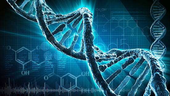 Ilustración de ADN azul, 3 d, abstracción, ADN, genética, molécula, patrón, psicodélico, estructura, Fondo de pantalla HD HD wallpaper