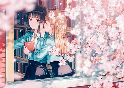 fiori di ciliegio, libri, biblioteca, finestra, uniforme scolastica, yuri, anime girls, Hiten, Sfondo HD HD wallpaper