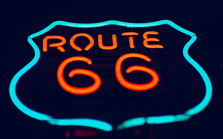 Neonlichter, Route 66, Nacht, Schilder, dunkel, rot, cyan, HD-Hintergrundbild