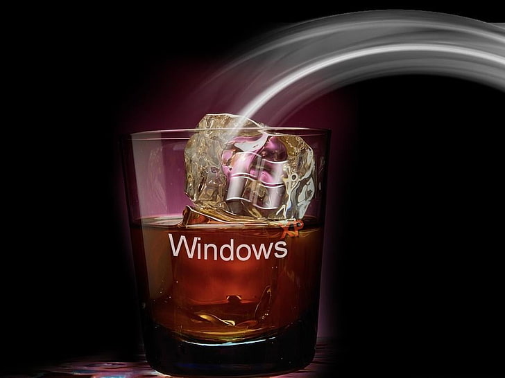 Windows Cocktail, rockglass и логотип Microsoft Windows, компьютеры, Windows XP, стекло, снег, окна, коричневый, коктейль, HD обои