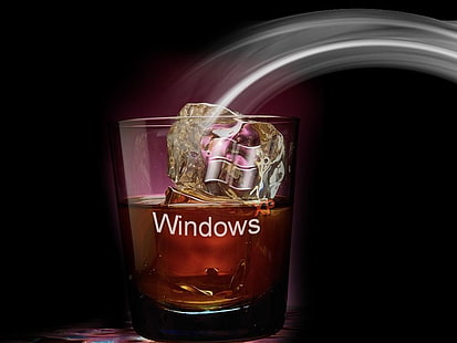 Koktajl Windows, szkło kamienne i logo Microsoft Windows, komputery, Windows XP, szkło, śnieg, okna, brąz, koktajl, Tapety HD HD wallpaper