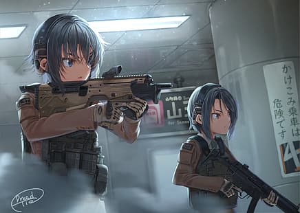  anime girls, anime guns, machine gun, HD wallpaper HD wallpaper