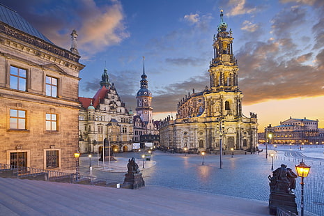 Градове, Дрезден, Архитектура, Германия, Светлина, Нощ, Небе, Театър, HD тапет HD wallpaper