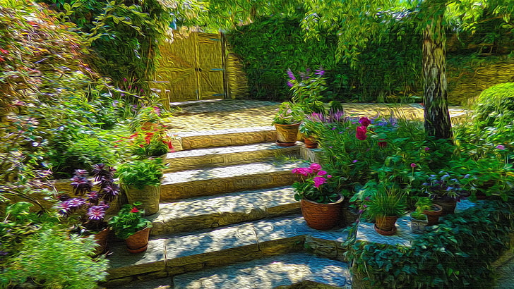 yard, garden, stairs, backyard, flower pot, photo effect, gate, HD wallpaper