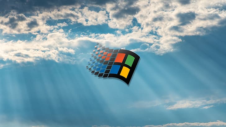 Windows 95, облака, синий, логотип, логотип windows, HD обои