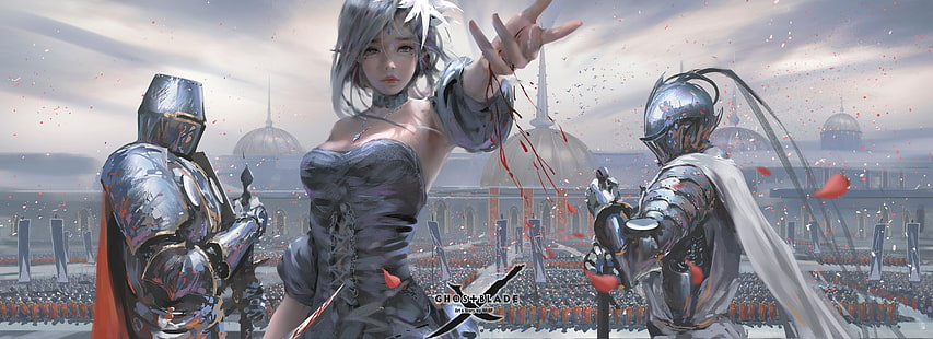 Anime femenino con dos guerreros en armadura Ilustración 3D, Chica, Arte, caballeros, Espada fantasma, Wlop, Fondo de pantalla HD HD wallpaper