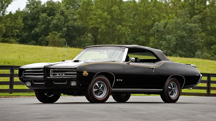 черный мускул кар, мускул кар, Pontiac, Pontiac GTO, суперкар, черный авто, деревья, средство передвижения, HD обои