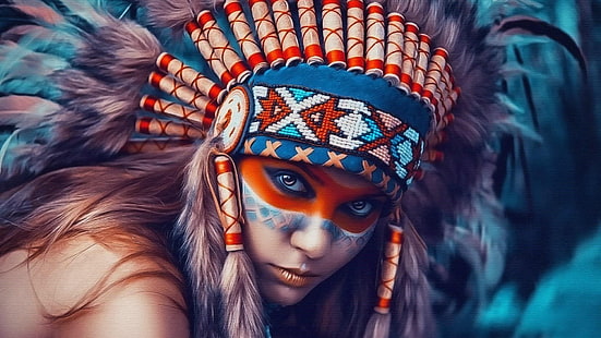коренно население, шапки, индиански, момиче, индийски, шапка, перо, дълга коса, лице, очи, HD тапет HD wallpaper