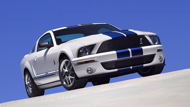 beyaz ve mavi Ford Shelby Mustang GT-500 coupe, Ford Mustang, kas arabalar, araba, HD masaüstü duvar kağıdı