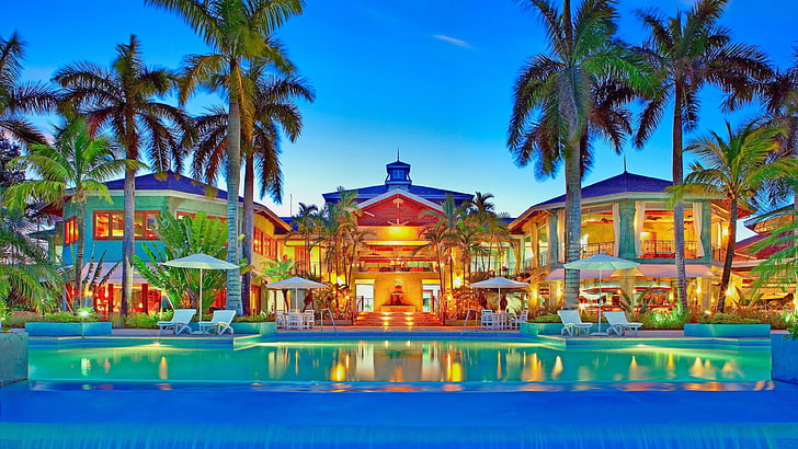 aruba, resort, pool, caribbean, holiday, vacation, palms, tropical, HD wallpaper