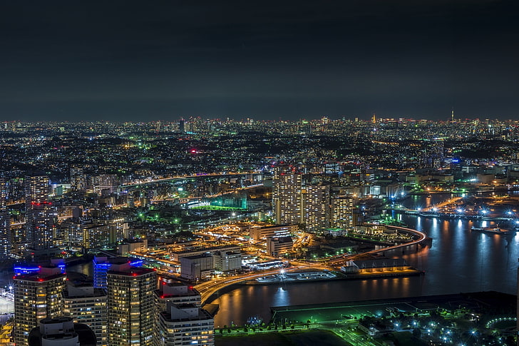 東京、都市景観、夜、日本、ライト、空、建物、都市、 HDデスクトップの壁紙