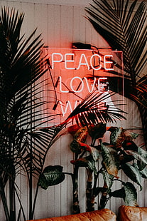 red peace love neon sign, inscription, plants, text, highlight, love, HD wallpaper HD wallpaper