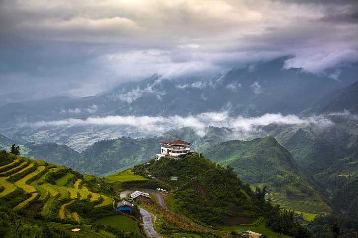 бяла и кафява бетонна къща, планини, природа, долина, къща в планината, чаена плантация, HD тапет