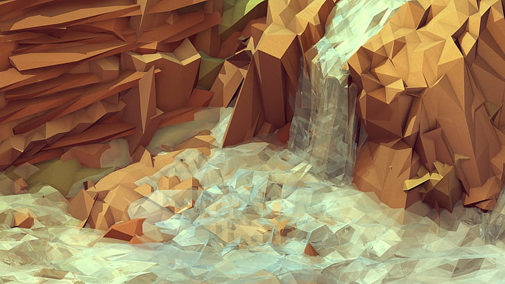 Waterfall on Rocks HD, brązowe i białe abstrakcyjne ilustracje spadają, 3d, abstrakcja, grafika, sztuka cyfrowa, krajobrazy, low poly, rocks, tim reynolds, timothy j. reynolds, wodospady, Tapety HD