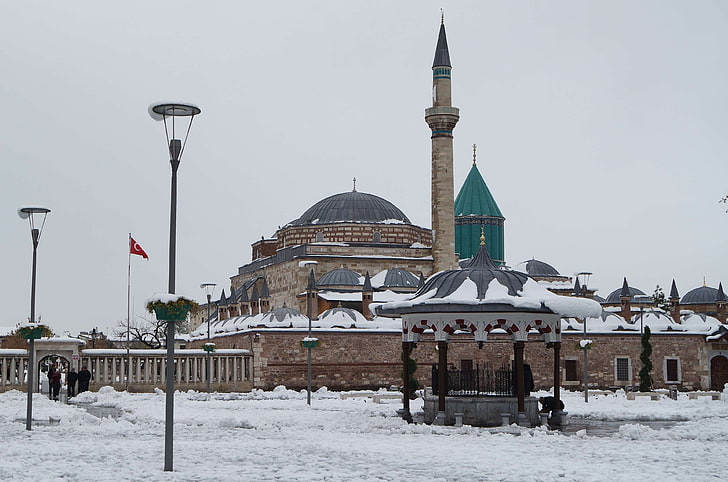 cold, mevlana, mosque, sepulcher, snow, winter, HD wallpaper