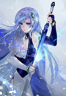 meninas anime, roupas azuis, cabelos longos, cabelos azuis, olhos azuis, menina com arma, espada, HD papel de parede HD wallpaper
